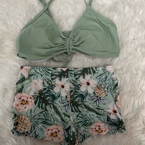 TropicalPrint Bikini Set Drawstring Wireless Bra Top&Shorts&Kimono3PieceSwimsuit